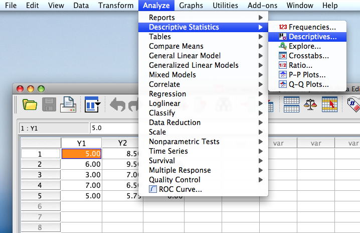 menus for descriptives statistics